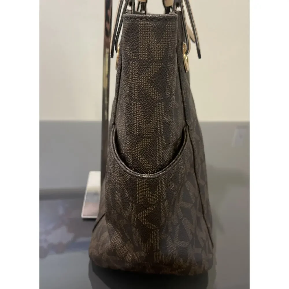 Michael Kors Jet Set MK Logo Brown Leather Tote Bag Purse